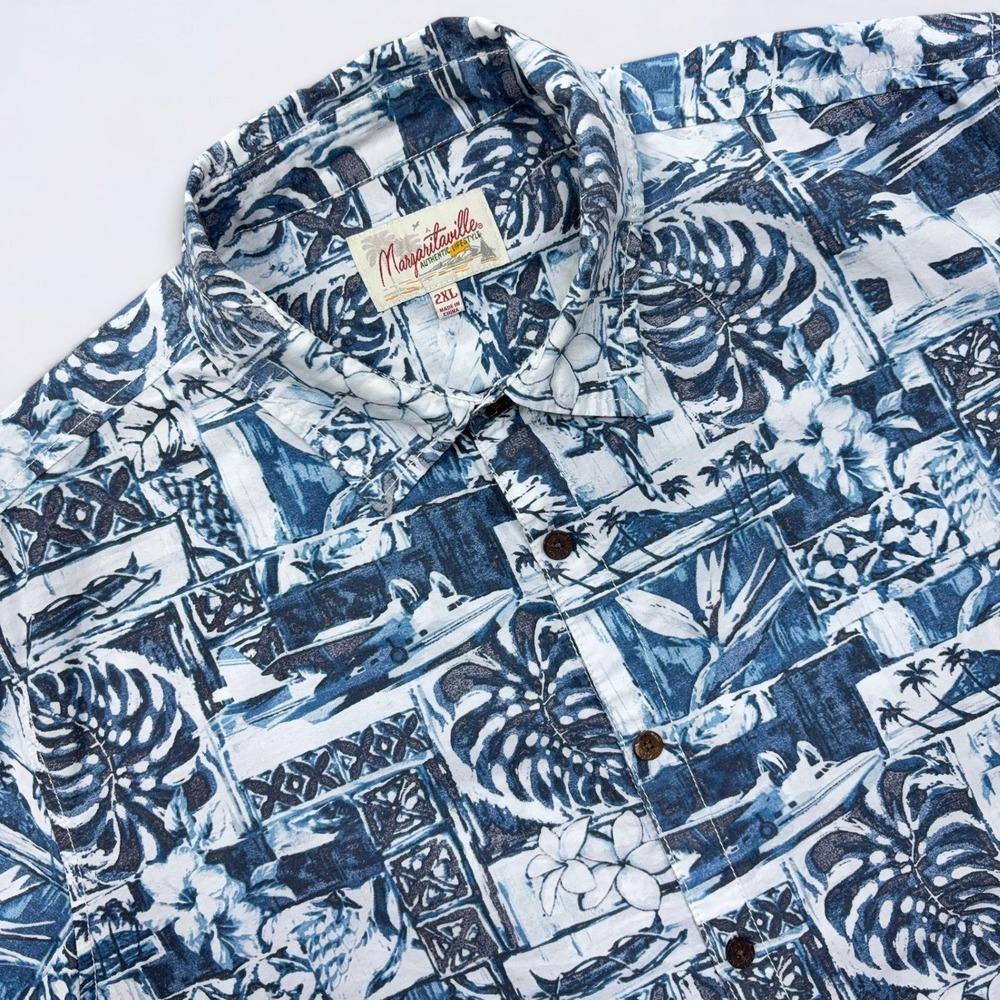 Margaritaville Hawaiian Shirt Mens 2XL Blue White Tropical Scenic Button Up